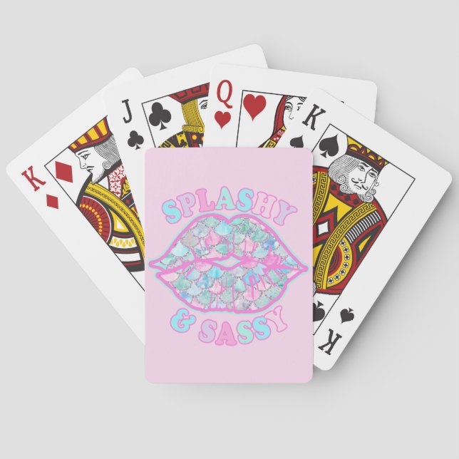 Girly Splashy & Sassy Pink Turquoise Mermaid Kiss Playing Cards (Back)