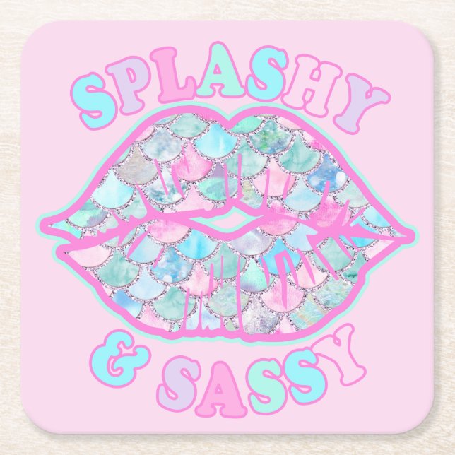 Girly Splashy & Sassy Pink Turquoise Mermaid Kiss Square Paper Coaster (Front)