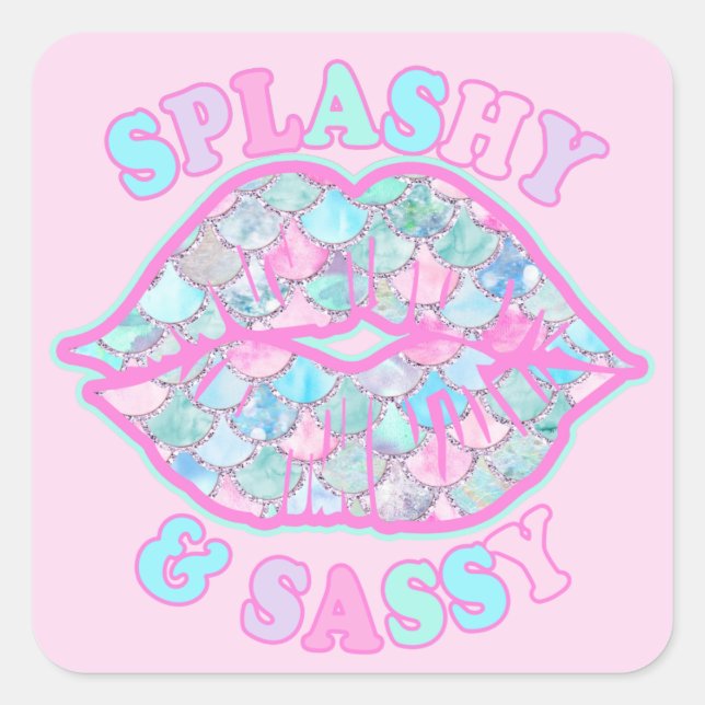 Girly Splashy & Sassy Pink Turquoise Mermaid Kiss Square Sticker (Front)