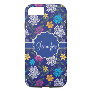 Girly Spring and Summer Wild Flowers, on blue name Case-Mate iPhone Case