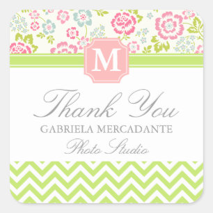 Girly Spring Floral Chevron Personalised Monogram Square Sticker