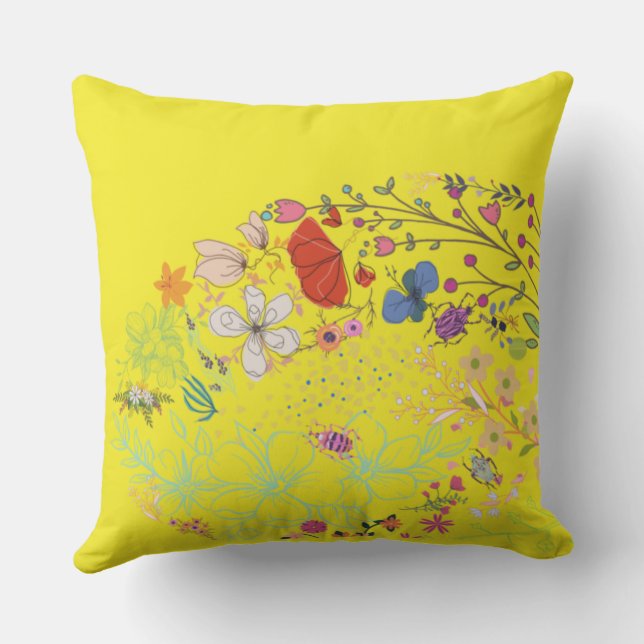 Girly Spring Floral Yellow  Cushion (Back)