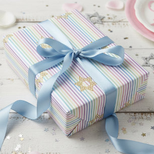 Girly Star of David Rainbow Stripes Wrapping Paper
