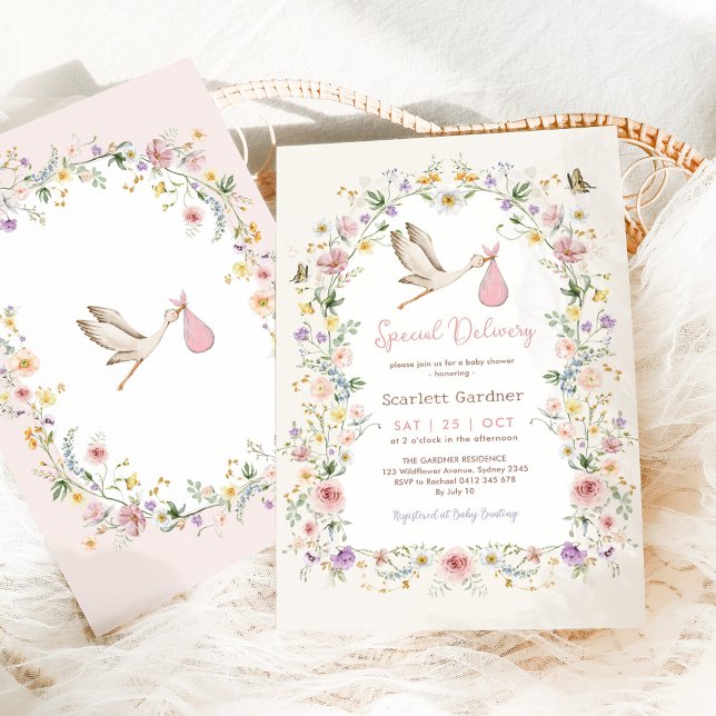 Girly Stork Wildflower Garden Girl Baby Shower Invitation (Creator Uploaded)
