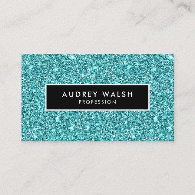 Girly Stylish blue Glam glitter and  Black Business Card (Front)