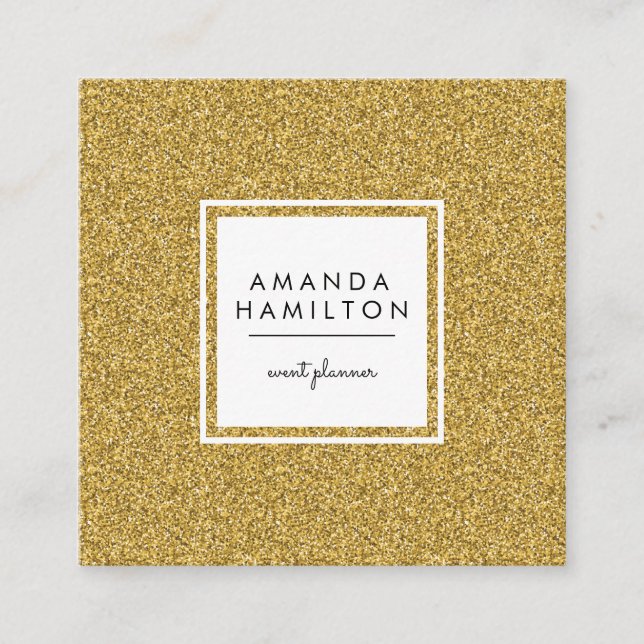 Girly Stylish Fashion Gold Glitter + white square Square Business Card (Front)