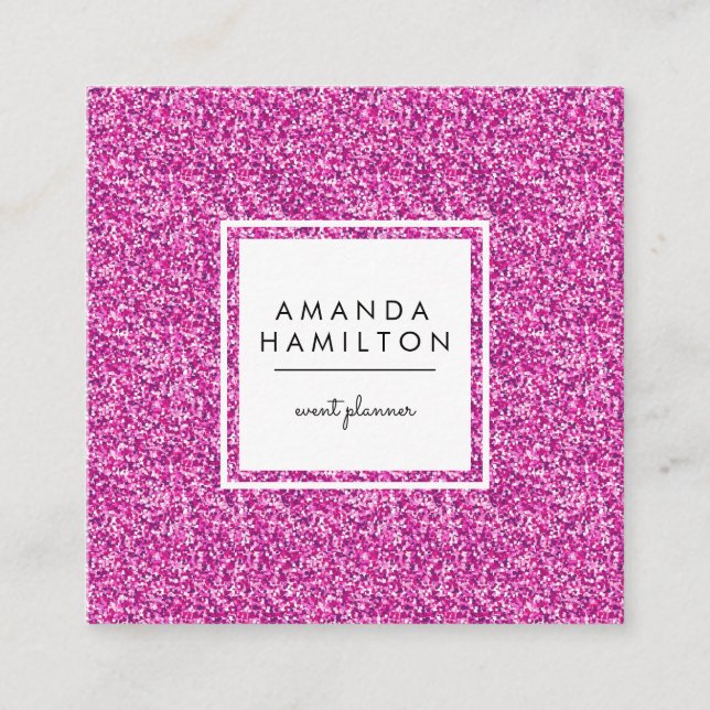 Girly Stylish Fashion HOT PINK Glitter white Square Business Card (Front)