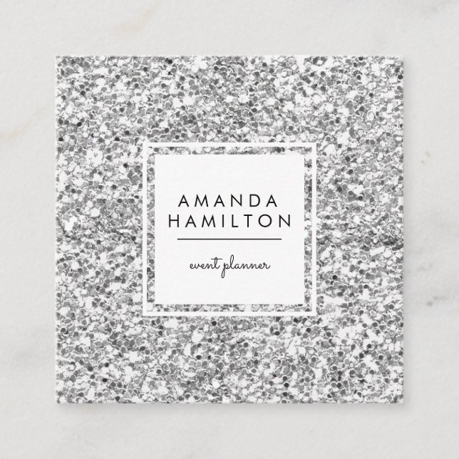 Girly Stylish Fashion SILVER Glitter white square Business Card (Front)