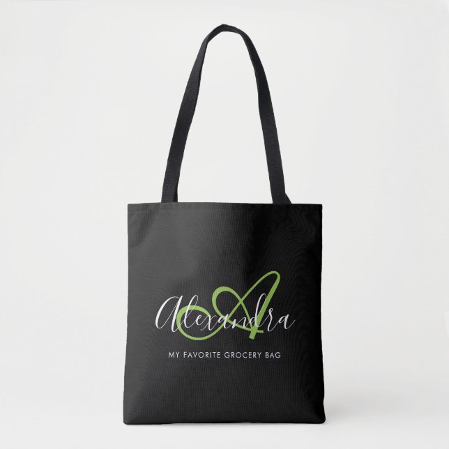 Girly Stylish Green Elegant Script Name Monogram  Tote Bag (Front)