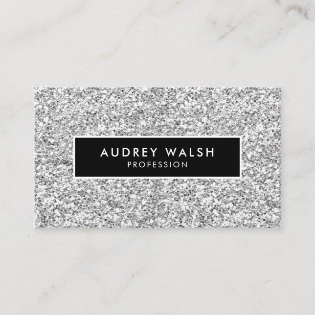 Girly Stylish Silver Glam glitter and  Black Business Card (Front)