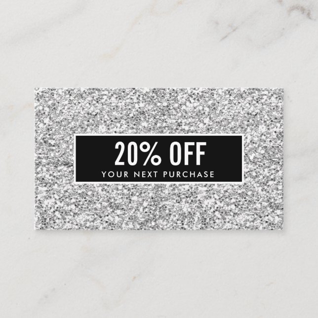 Girly Stylish Silver Glitter Black Coupon Card (Front)