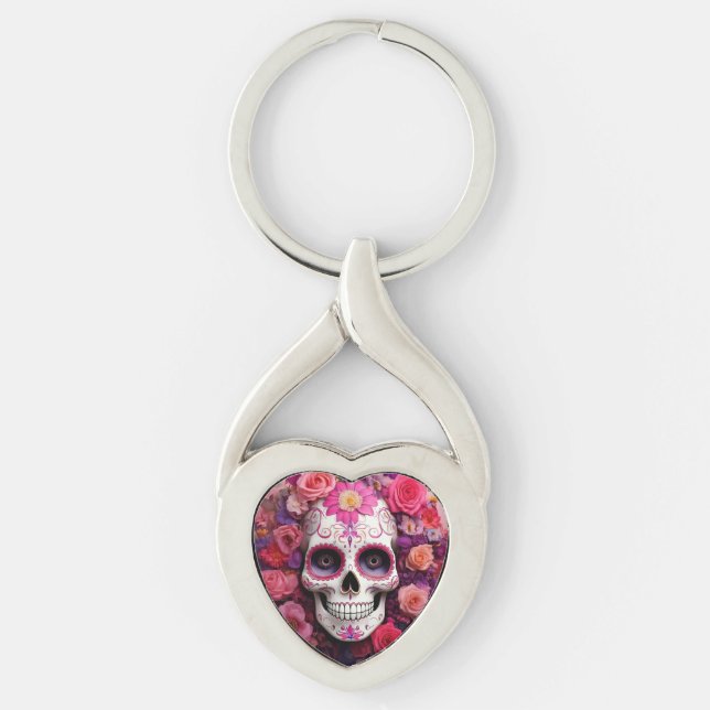 Girly Sugar Skull Metal Keychain (Front)