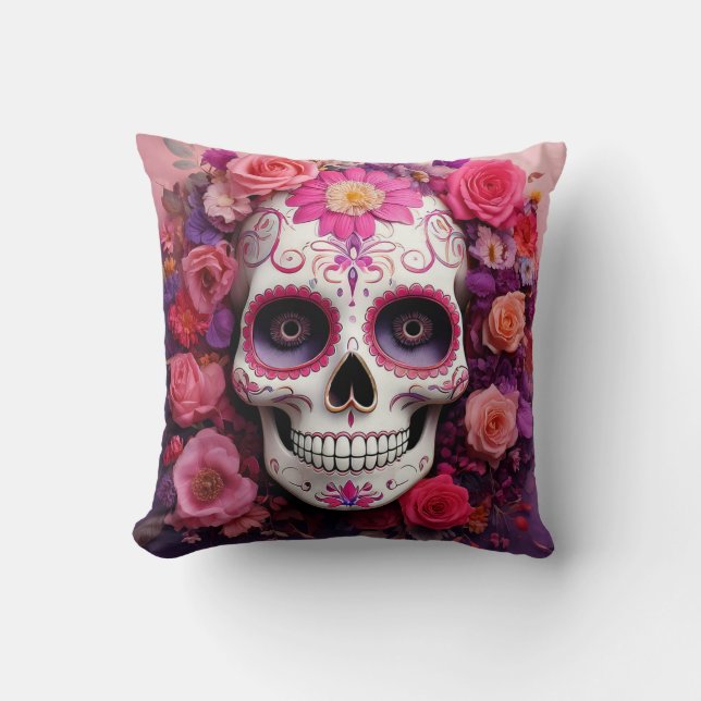 Girly Sugar Skull Throw Pillow (Front)