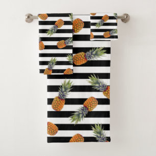 Girly Summer Pineapple Pattern   Black Striped Bath Towel Set