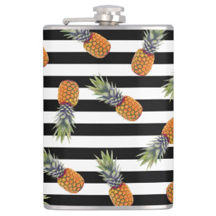 Girly Summer Pineapple Pattern   Black Striped Hip Flask