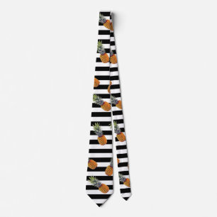 Girly Summer Pineapple Pattern Black Striped Tie