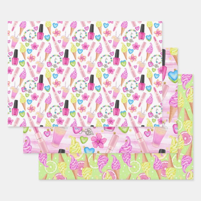 Girly Summertime Ice Cream Lipstick Pink Lime Wrapping Paper Sheet (Set)