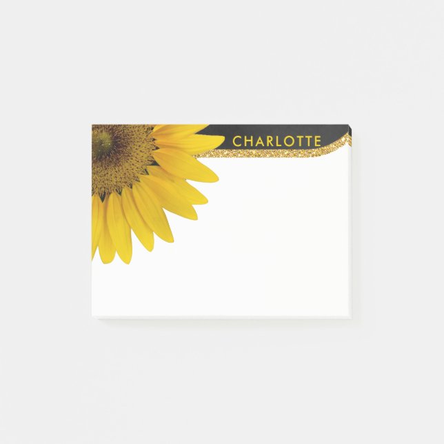 Girly Sunflower Gold Glitter | Personalised Name Post-it Notes (Front)