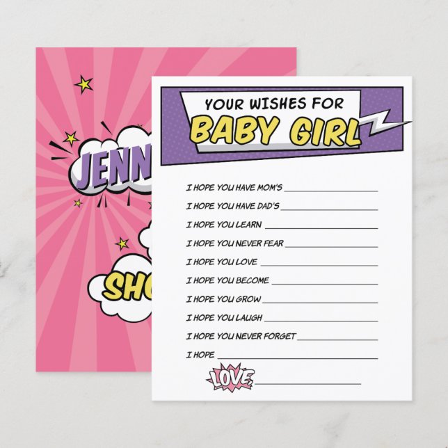 Girly Superhero Comic Book Shower Wishes for baby (Front/Back)