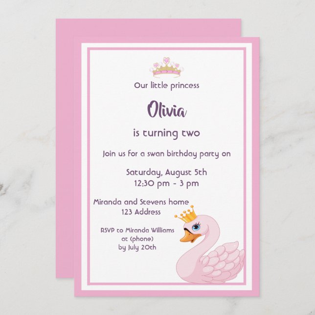 Girly swan 2nd birthday party invitation card (Front/Back)
