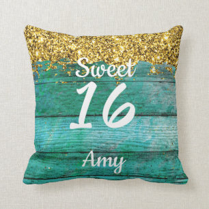 Girly Sweet 16 Turquoise Gold Glitter Name Cushion