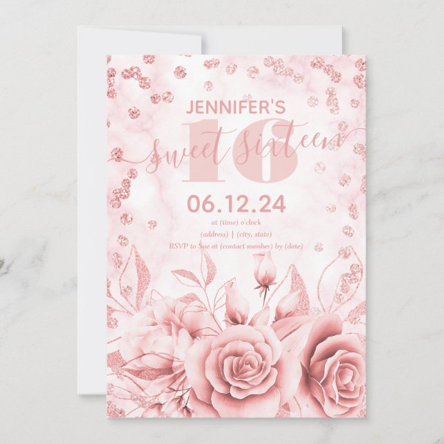 Girly Sweet 16th Marble Glitter Rose Gold Floral  Invitation (Front)