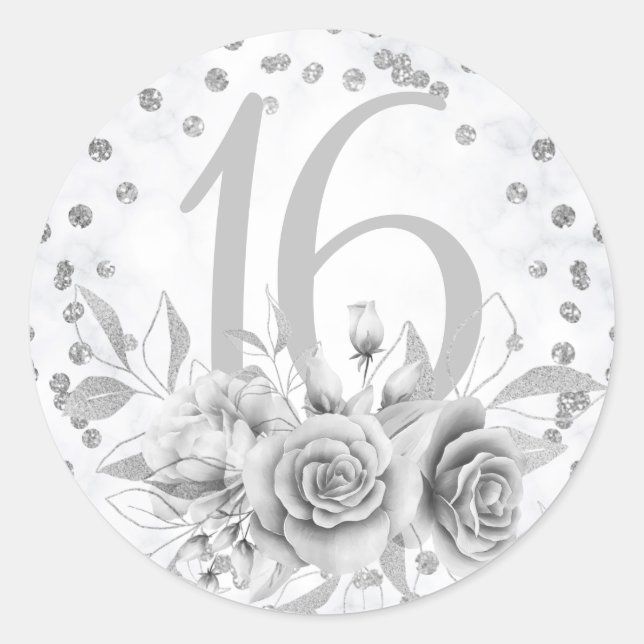 Girly Sweet 16th Marble Glitter Silver Floral Classic Round Sticker (Front)