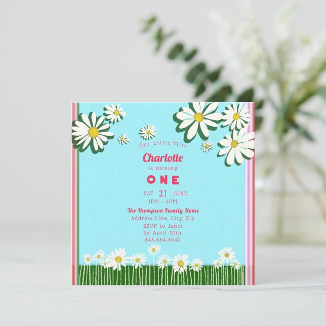 Girly Sweet Daisies Field Pink Green Teal Birthday Invitation (Standing Front)