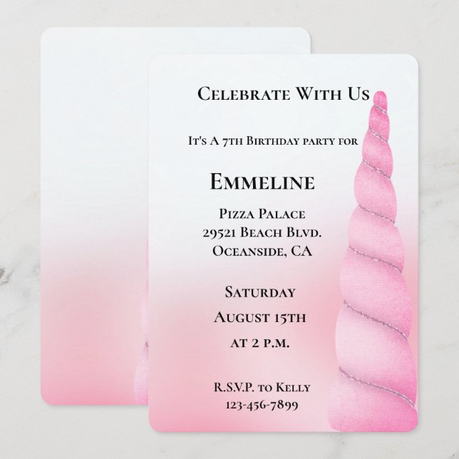 Girly Sweet Pink White Unicorn Birthday Invitation (Front/Back)