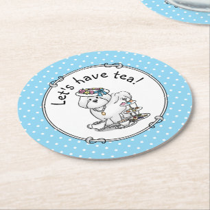 Girly Tea Party Bichon Frise Dog - Cute Round Paper Coaster
