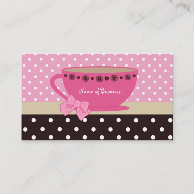 Girly Tea Shop Pink And Brown Polka Dots Teacup Business Card (Front)