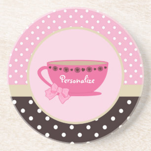 Girly Teacup Pink and Brown Polka Dot Bow and Name Coaster