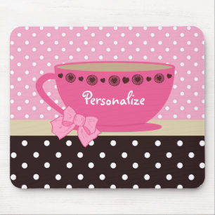 Girly Teacup Pink and Brown Polka Dot Bow and Name Mouse Mat