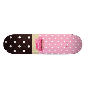 Girly Teacup Pink and Brown Polka Dot Bow and Name Skateboard