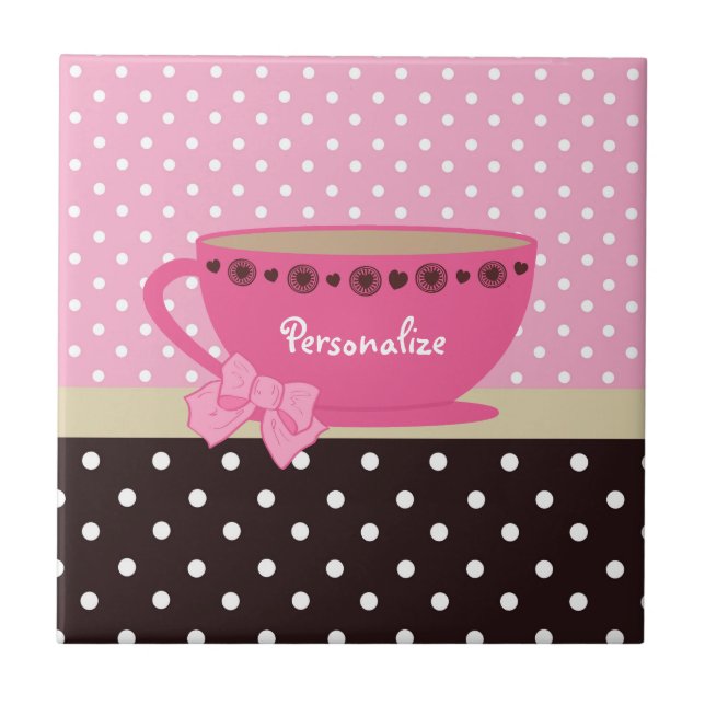 Girly Teacup Pink and Brown Polka Dot Bow and Name Tile (Front)