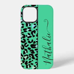Girly Teal Animal Print Pattern Custom Name Cool iPhone 12 Case