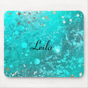 Girly Teal Aqua Blue Glitter Sparkle Monogram Name Mouse Mat