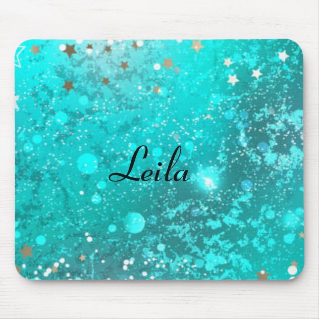 Girly Teal Aqua Blue Glitter Sparkle Monogram Name Mouse Mat (Front)