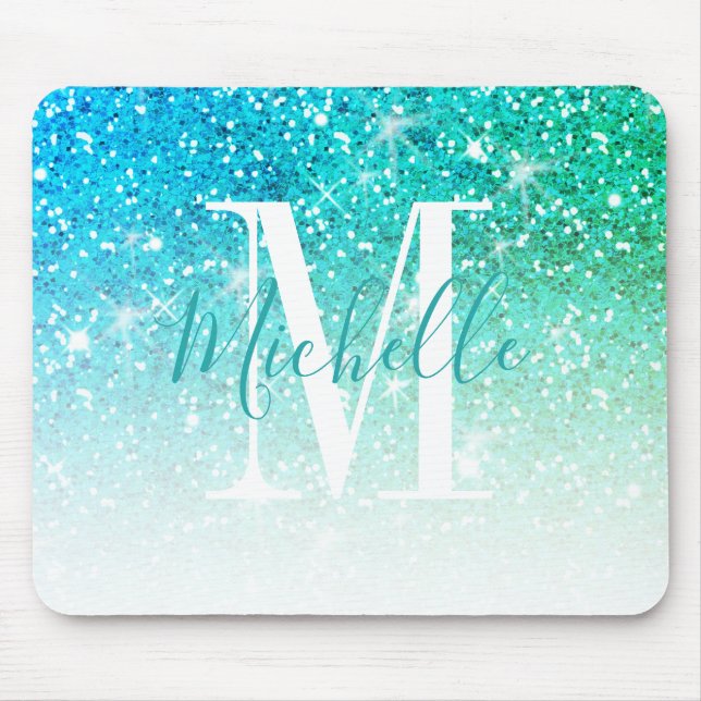 Girly Teal Aqua Blue Glitter Sparkle Monogram Name Mouse Mat (Front)