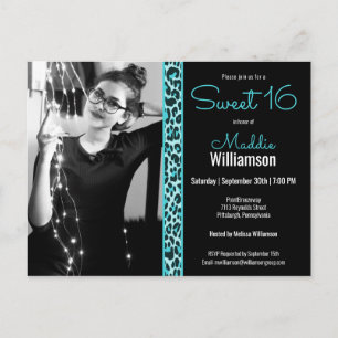Girly Teal/Black Leopard Photo Sweet 16 Invitation Postcard