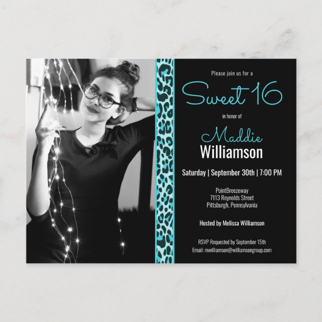 Girly Teal/Black Leopard Photo Sweet 16 Invitation Postcard (Front)