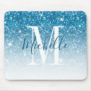 Girly Teal Blue Glitter Sparkle Monogram Name Mouse Mat