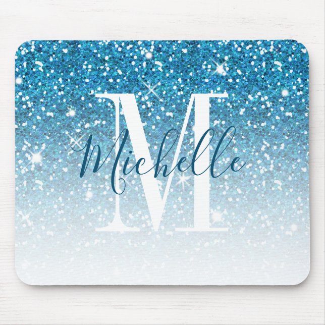 Girly Teal Blue Glitter Sparkle Monogram Name Mouse Mat (Front)