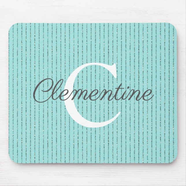 Girly Teal Blue Glitter Stripes Monogram Mouse Mat (Front)
