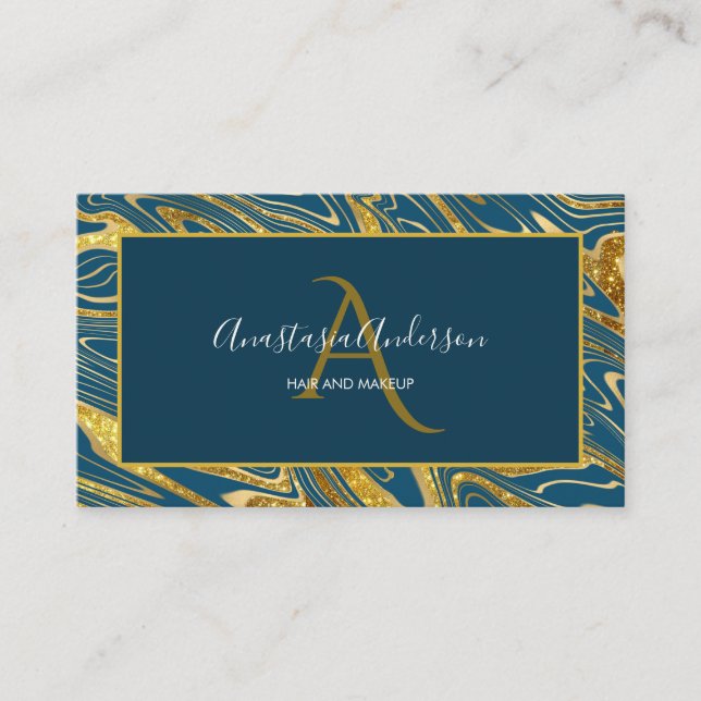 Girly Teal Blue Green Gold Marble Glitter Monogram Business Card (Front)