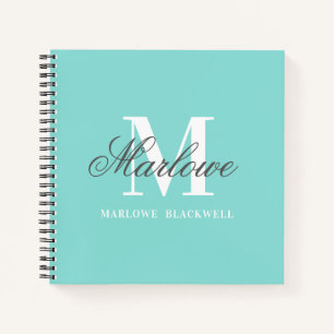 Girly Teal Blue Grey Monogram Calligraphy Notebook