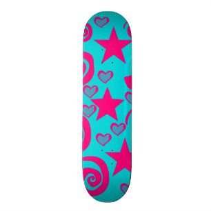 Girly Teal Blue Hot Pink Stars Hearts Swirls Skateboard