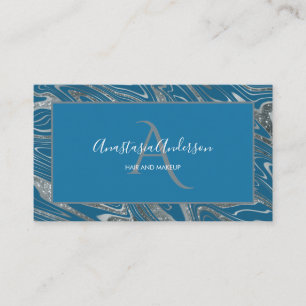 Girly Teal Blue Silver Marble Glitter Monogram Business Card