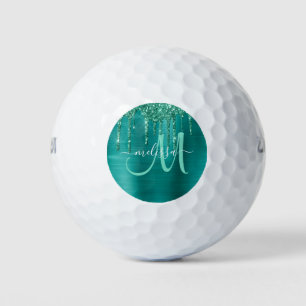 Girly Teal Brushed Metal Dripping Glitter Name Golf Balls