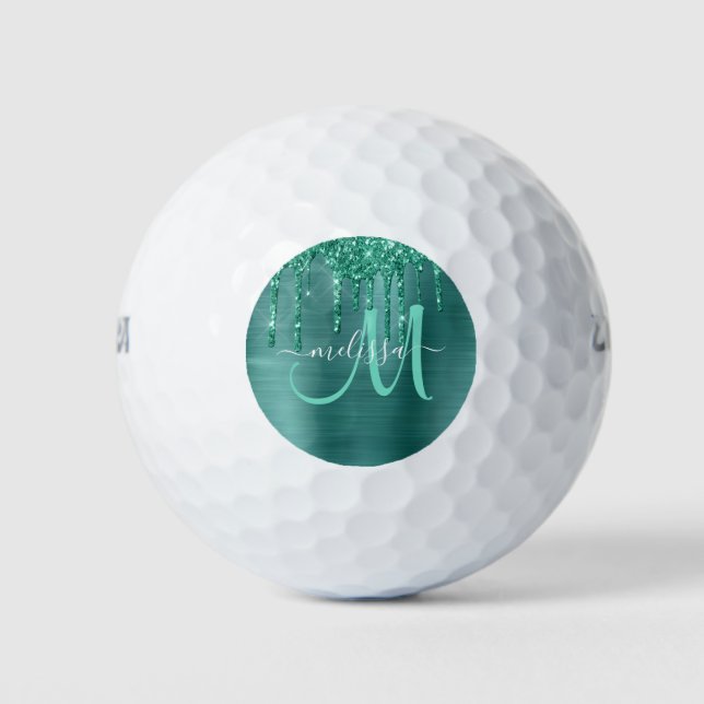 Girly Teal Brushed Metal Dripping Glitter Name Golf Balls (Front)